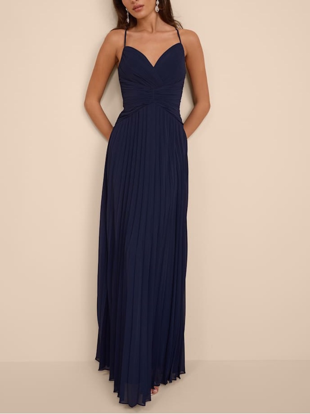 Lulus Corella Navy Blue Pleated Backless Maci Dress Size XS NWT